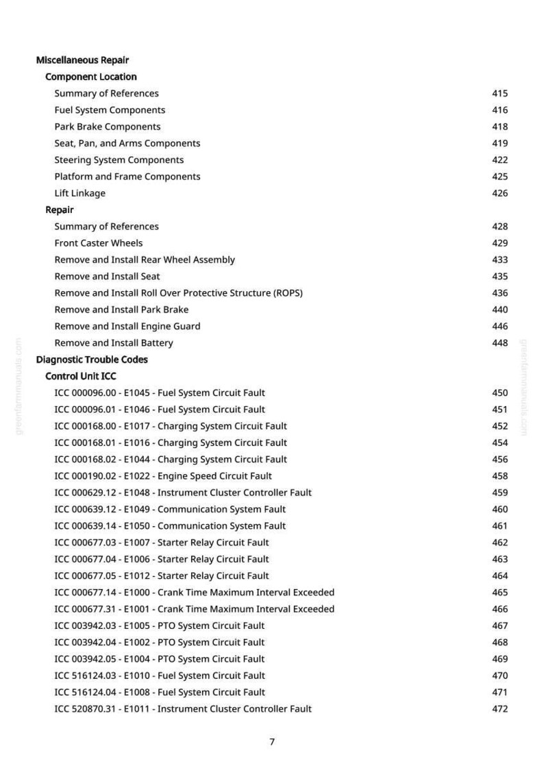 May include: A page from a repair manual with the title "Miscellaneous Repair." The document lists component locations, repair procedures, and diagnostic trouble codes. The text includes fault codes and descriptions for various systems.