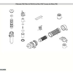 May include: An exploded diagram of a P26 filter kit, with various components including cylindrical filters, caps, and connectors. The image is in black and white, with the text "Filtersatz P26 Filter kit P26 Kit de filtro P26 Trousse de filtres P26" at the top.