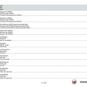 May include: A page from a technical manual, featuring a table of contents in German, English, and French. The list includes terms like "Exhaust pipe," "Fuel filter," and "Starter motor," with corresponding page numbers.