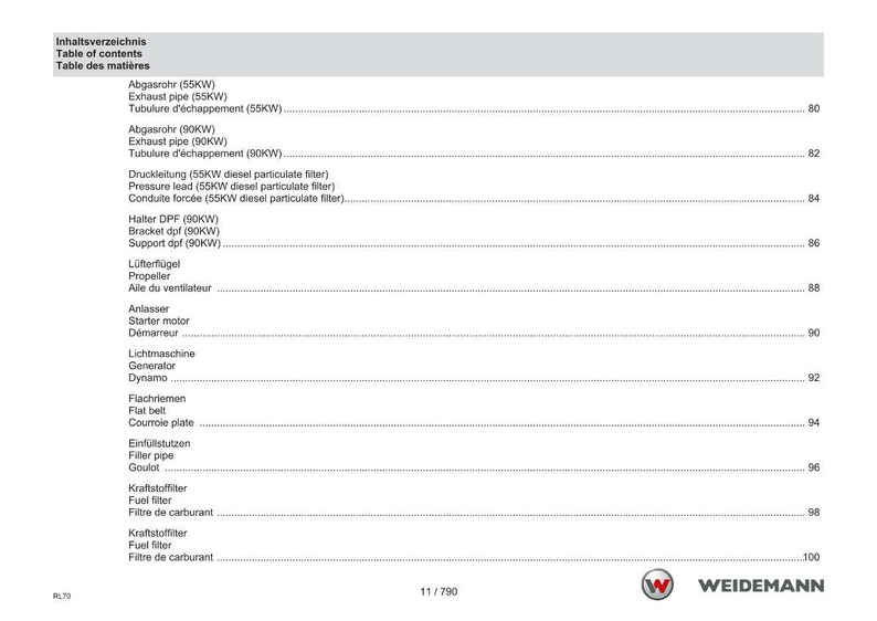 May include: A page from a technical manual, featuring a table of contents in German, English, and French. The list includes terms like "Exhaust pipe," "Fuel filter," and "Starter motor," with corresponding page numbers.