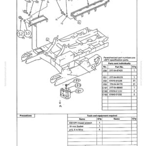 May include: Diagram of the installation of a right catwalk, with labeled parts and a parts list. The diagram includes a detailed illustration of the assembly process, with arrows indicating the direction of installation. Tools required are listed.