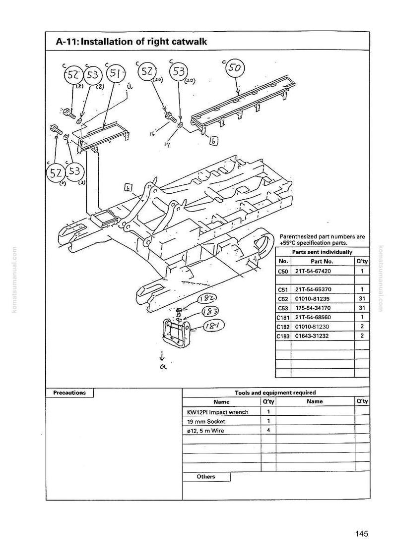 May include: Diagram of the installation of a right catwalk, with labeled parts and a parts list. The diagram includes a detailed illustration of the assembly process, with arrows indicating the direction of installation. Tools required are listed.