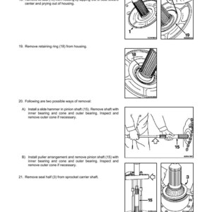 Puede incluir: Una p&aacute;gina de un manual titulada "FINAL DRIVE" con instrucciones de desmontaje. Los diagramas muestran los pasos para quitar piezas como juntas t&oacute;ricas, retenes de aceite y anillos de retenci&oacute;n. Se ilustran herramientas como un martillo deslizante y un extractor.