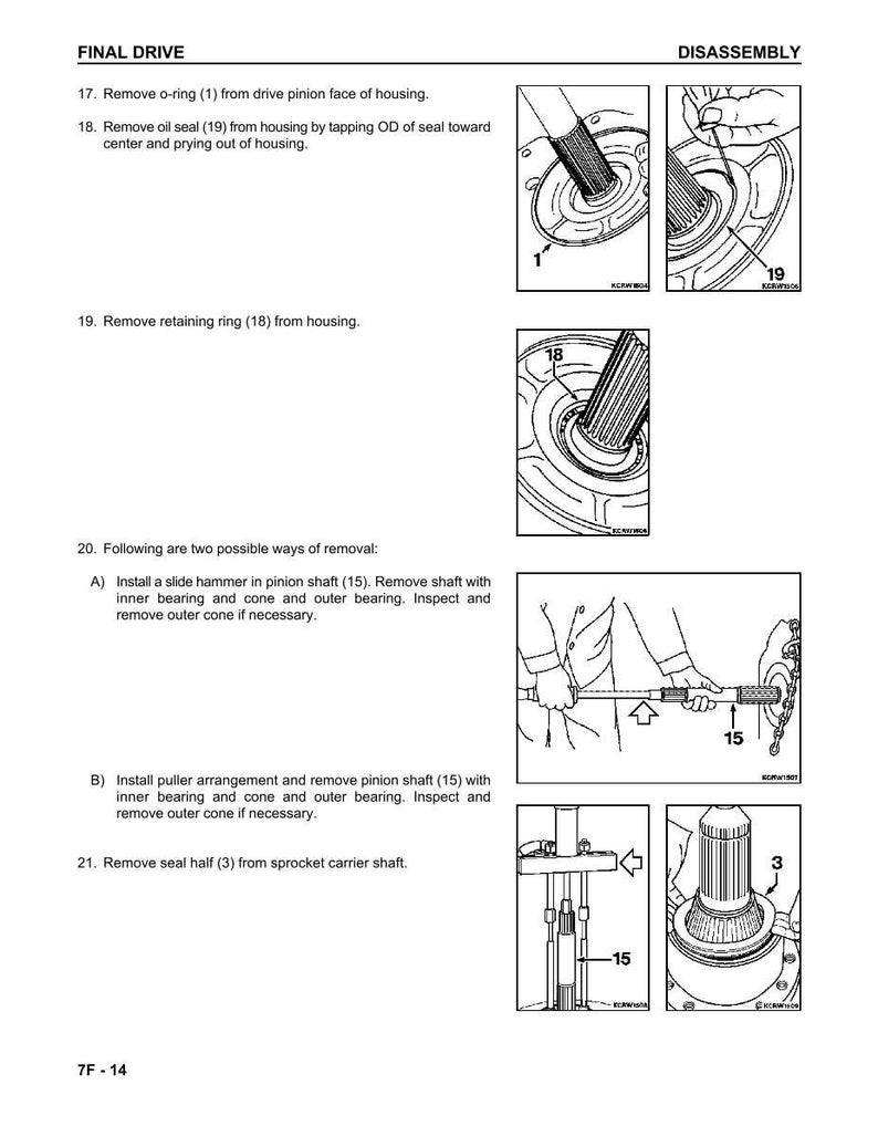 Puede incluir: Una p&aacute;gina de un manual titulada "FINAL DRIVE" con instrucciones de desmontaje. Los diagramas muestran los pasos para quitar piezas como juntas t&oacute;ricas, retenes de aceite y anillos de retenci&oacute;n. Se ilustran herramientas como un martillo deslizante y un extractor.