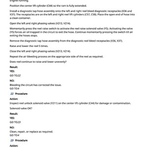 May include: A detailed technical document with instructions for rephasing a split reel lift circuit. The text includes steps for positioning, installing diagnostic tools, and checking components. The document is for automotive or industrial repair.