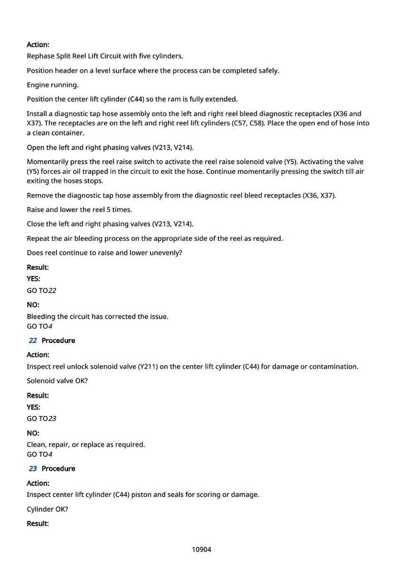 May include: A detailed technical document with instructions for rephasing a split reel lift circuit. The text includes steps for positioning, installing diagnostic tools, and checking components. The document is for automotive or industrial repair.
