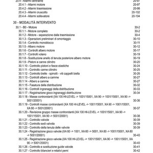 May include: A page from a manual with an index titled "INDICE" in Italian. The index lists various engine-related topics, including alarms, engine components, and maintenance procedures. The text is black on a white background.