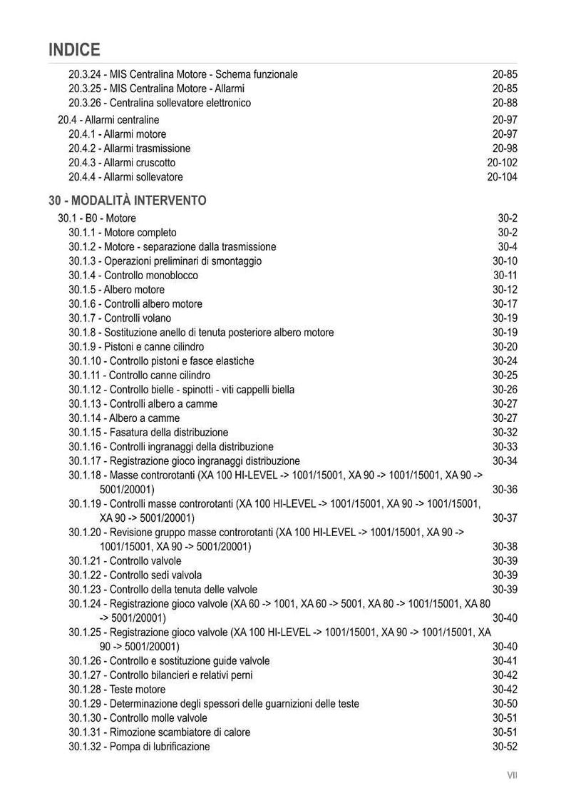May include: A page from a manual with an index titled "INDICE" in Italian. The index lists various engine-related topics, including alarms, engine components, and maintenance procedures. The text is black on a white background.