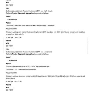 May include: A white page with black text detailing tractor diagnostic procedures. Instructions include measuring voltage on Implement CAN bus, with results and actions. The page number 702 is at the bottom.