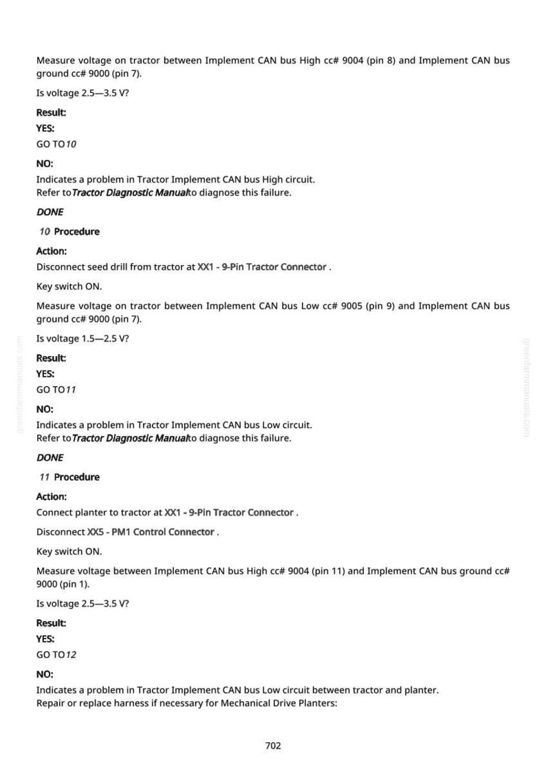 May include: A white page with black text detailing tractor diagnostic procedures. Instructions include measuring voltage on Implement CAN bus, with results and actions. The page number 702 is at the bottom.