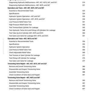 Pode incluir: Uma p&aacute;gina de manual com fundo branco, apresentando um &iacute;ndice detalhado. O texto lista v&aacute;rios testes, opera&ccedil;&otilde;es e especifica&ccedil;&otilde;es relacionadas a sistemas hidr&aacute;ulicos e v&aacute;lvulas, com n&uacute;meros de p&aacute;gina.