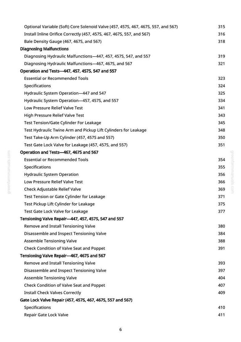 Pode incluir: Uma p&aacute;gina de manual com fundo branco, apresentando um &iacute;ndice detalhado. O texto lista v&aacute;rios testes, opera&ccedil;&otilde;es e especifica&ccedil;&otilde;es relacionadas a sistemas hidr&aacute;ulicos e v&aacute;lvulas, com n&uacute;meros de p&aacute;gina.