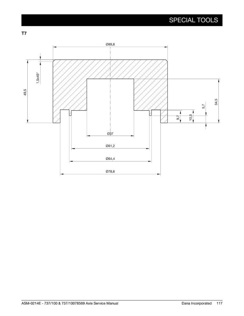 May include: Technical drawing of a special tool, labeled "T7", with detailed dimensions in inches. The tool has a unique shape with a central cutout and is likely used for automotive or mechanical applications. The drawing includes the text "SPECIAL TOOLS".