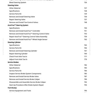 Peut inclure: Une page blanche d'un manuel avec une table des mati&egrave;res. La table r&eacute;pertorie divers sujets de r&eacute;paration automobile, y compris la direction, les freins et les freins de stationnement, avec les num&eacute;ros de page correspondants.