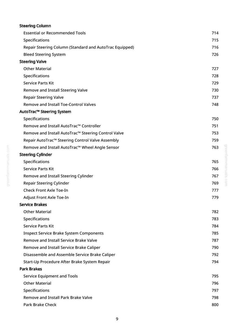 Peut inclure: Une page blanche d'un manuel avec une table des mati&egrave;res. La table r&eacute;pertorie divers sujets de r&eacute;paration automobile, y compris la direction, les freins et les freins de stationnement, avec les num&eacute;ros de page correspondants.