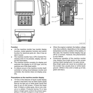 Op de afbeelding: Diagram van een machine monitorsysteem, met voor-, zij- en achteraanzicht. De monitor heeft een beeldscherm, knoppen en diverse aansluitingen. Tekstlabels en annotaties geven technische details.