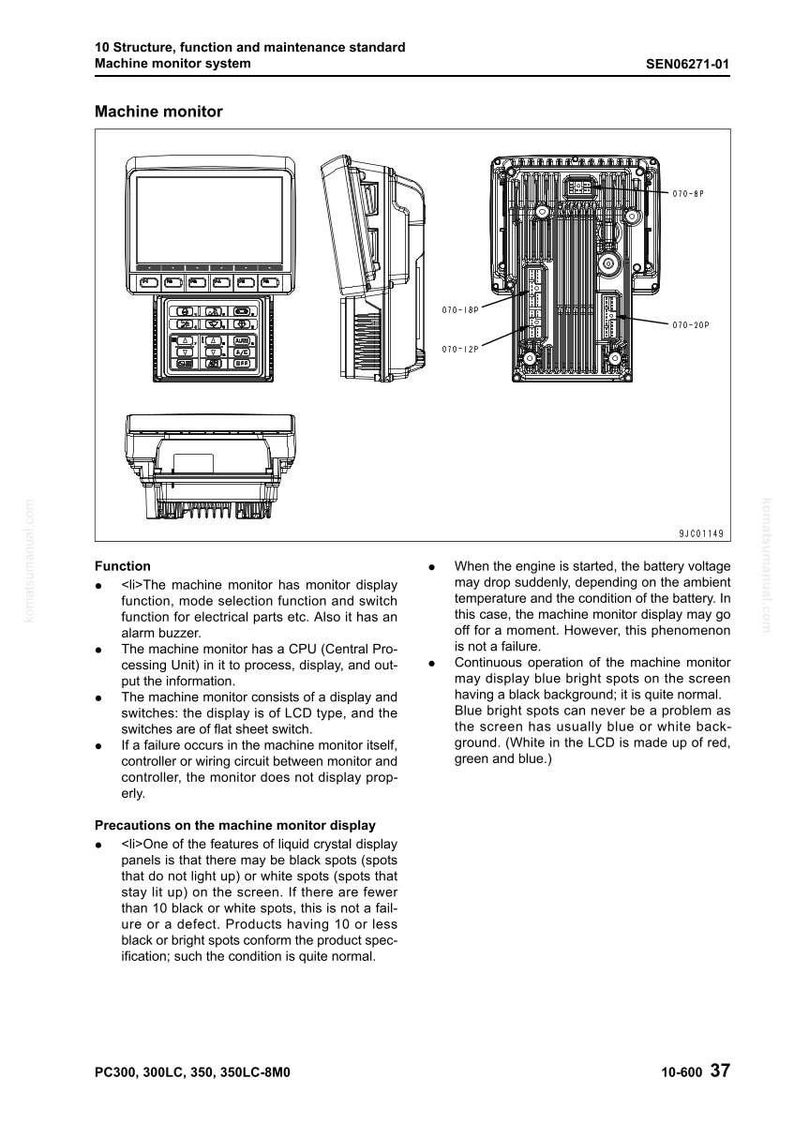 Op de afbeelding: Diagram van een machine monitorsysteem, met voor-, zij- en achteraanzicht. De monitor heeft een beeldscherm, knoppen en diverse aansluitingen. Tekstlabels en annotaties geven technische details.
