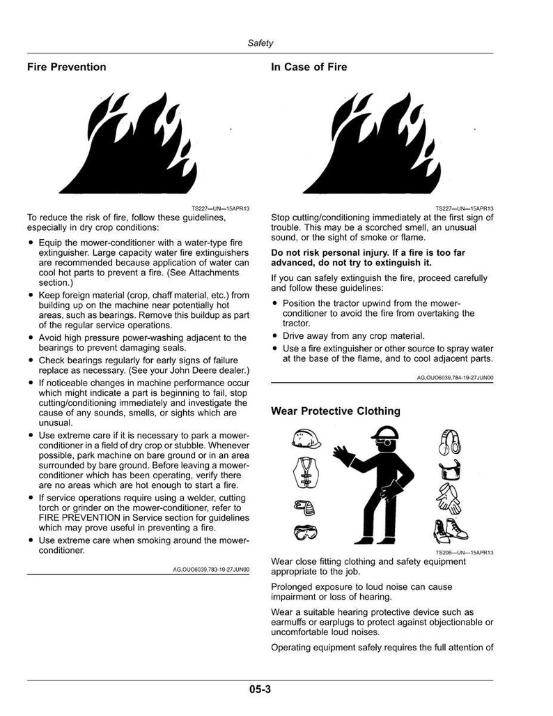 May include: Safety guidelines for fire prevention and in case of fire, with illustrations of flames and safety equipment. Includes instructions on equipment maintenance, protective clothing, and emergency procedures for agricultural machinery.