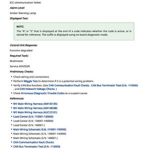 May include: A diagnostic document titled "ICC 000639.14 - CAN Bus Error." The text details the cause of the error, alarm level, and displayed text. It includes preliminary checks, references, and required tools like a multimeter.