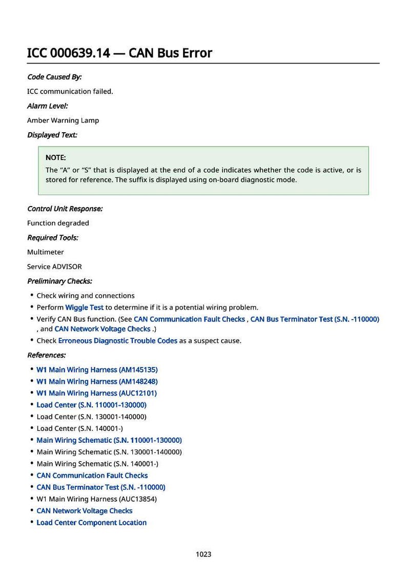 May include: A diagnostic document titled "ICC 000639.14 - CAN Bus Error." The text details the cause of the error, alarm level, and displayed text. It includes preliminary checks, references, and required tools like a multimeter.
