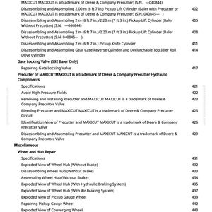 Op de afbeelding: Een gedetailleerde onderdelenlijst voor landbouwmachines, met onderdelen zoals cilinders, kleppen en wielnaven. Het document bevat specificaties en schema's voor onderhouds- en reparatieprocedures. De tekst is in zwarte letters op een witte achtergrond.