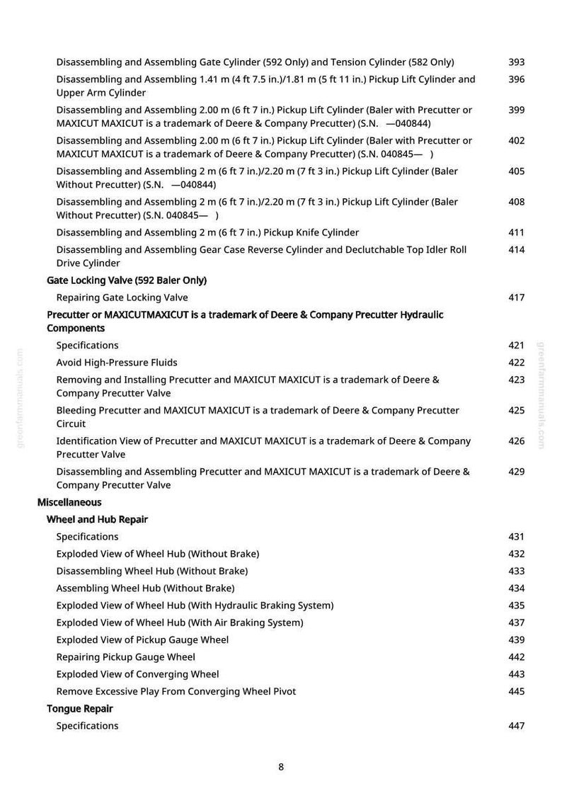 Op de afbeelding: Een gedetailleerde onderdelenlijst voor landbouwmachines, met onderdelen zoals cilinders, kleppen en wielnaven. Het document bevat specificaties en schema's voor onderhouds- en reparatieprocedures. De tekst is in zwarte letters op een witte achtergrond.
