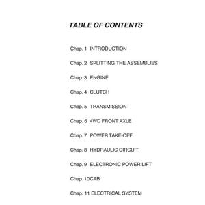 Puede incluir: Una p&aacute;gina blanca con el t&iacute;tulo "&Iacute;NDICE" y una lista de cap&iacute;tulos, incluyendo "INTRODUCCI&Oacute;N", "MOTOR", "EMBRAGUE" y "SISTEMA EL&Eacute;CTRICO". El logotipo de Massey Ferguson est&aacute; en la esquina superior izquierda.