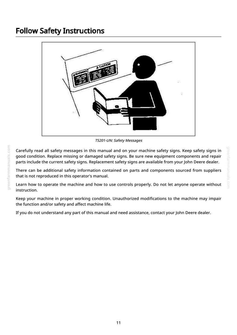 May include: Black and white illustration of a person reading a manual labeled "Follow Safety Instructions." The manual is open, and the text "TS201-UN: Safety Messages" is visible. A caution sign is also present.