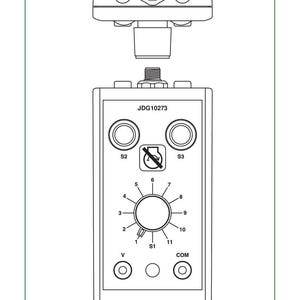 May include: Line drawing of a diagnostic test box, model JDG10273, with a dial, ports, and connectors. The text "RG17892-UN: Diagnostic Test Box" is at the bottom. The box has a white background and green border.