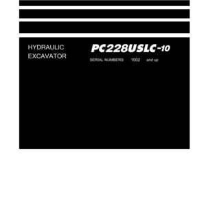 Pode incluir: Um manual de oficina com o t&iacute;tulo "Shop Manual" em texto preto. O manual inclui informa&ccedil;&otilde;es para uma escavadeira hidr&aacute;ulica, modelo PC228USLC-10. Os n&uacute;meros de s&eacute;rie cobertos s&atilde;o 1002 e superiores. O logotipo da Komatsu est&aacute; na parte inferior.