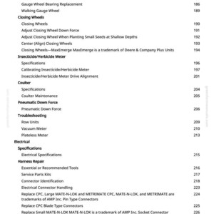 May include: A page from a manual with a table of contents. The text includes terms like "Closing Wheels," "Insecticide/Herbicide Meter," and "Electrical Specifications." The page number is 5.