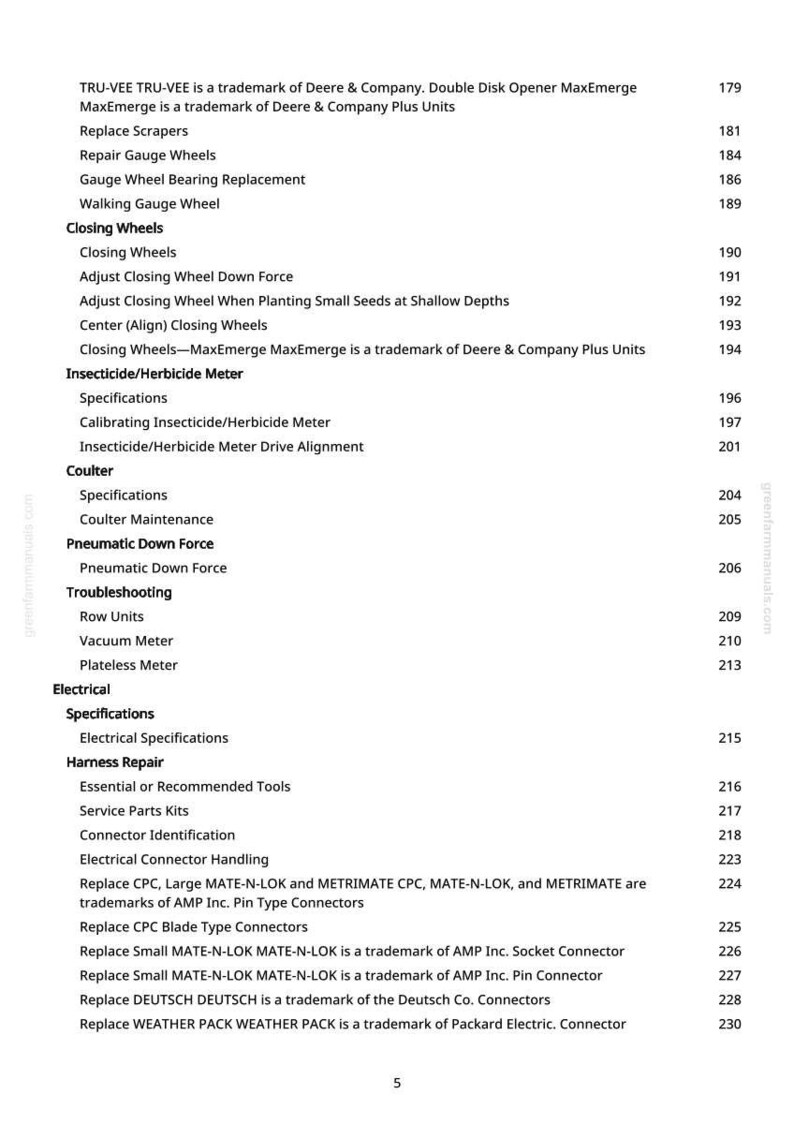 May include: A page from a manual with a table of contents. The text includes terms like "Closing Wheels," "Insecticide/Herbicide Meter," and "Electrical Specifications." The page number is 5.