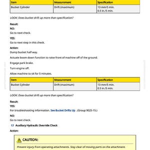 May include: A manual page detailing bucket cylinder checks. Instructions include measurements in mm and minutes, with a warning about moving parts. The text provides troubleshooting steps.