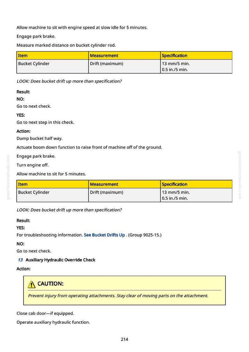 May include: A manual page detailing bucket cylinder checks. Instructions include measurements in mm and minutes, with a warning about moving parts. The text provides troubleshooting steps.