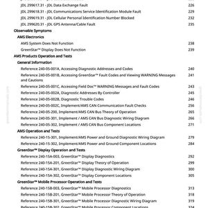 Puede incluir: Una p&aacute;gina de manual con fondo blanco que muestra una tabla de contenidos. El texto detalla diagn&oacute;sticos, c&oacute;digos de error y pruebas de funcionamiento para sistemas como GreenStar y GPS.