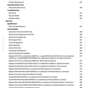 May include: A manual page with a detailed table of contents. Topics include "Harness Repair," "Electrical Specifications," and "Replace Connectors." The page number is visible in the top right corner.