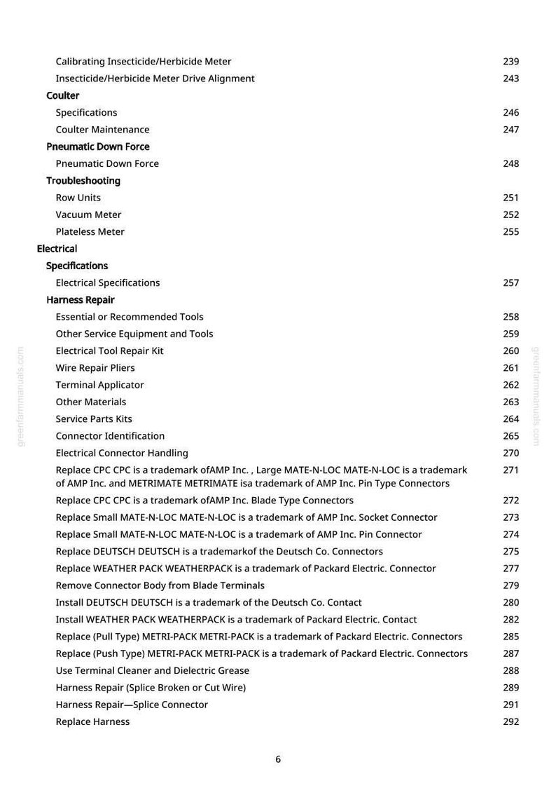 May include: A manual page with a detailed table of contents. Topics include "Harness Repair," "Electrical Specifications," and "Replace Connectors." The page number is visible in the top right corner.