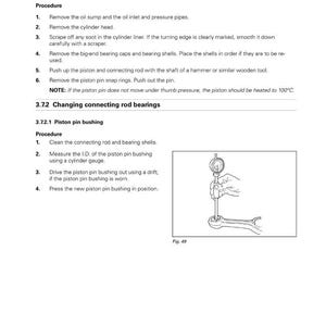 May include: Diagram from a maintenance manual showing the procedure for changing piston pin bushings. The image includes text instructions and a detailed illustration of the process, including the use of a cylinder gauge.