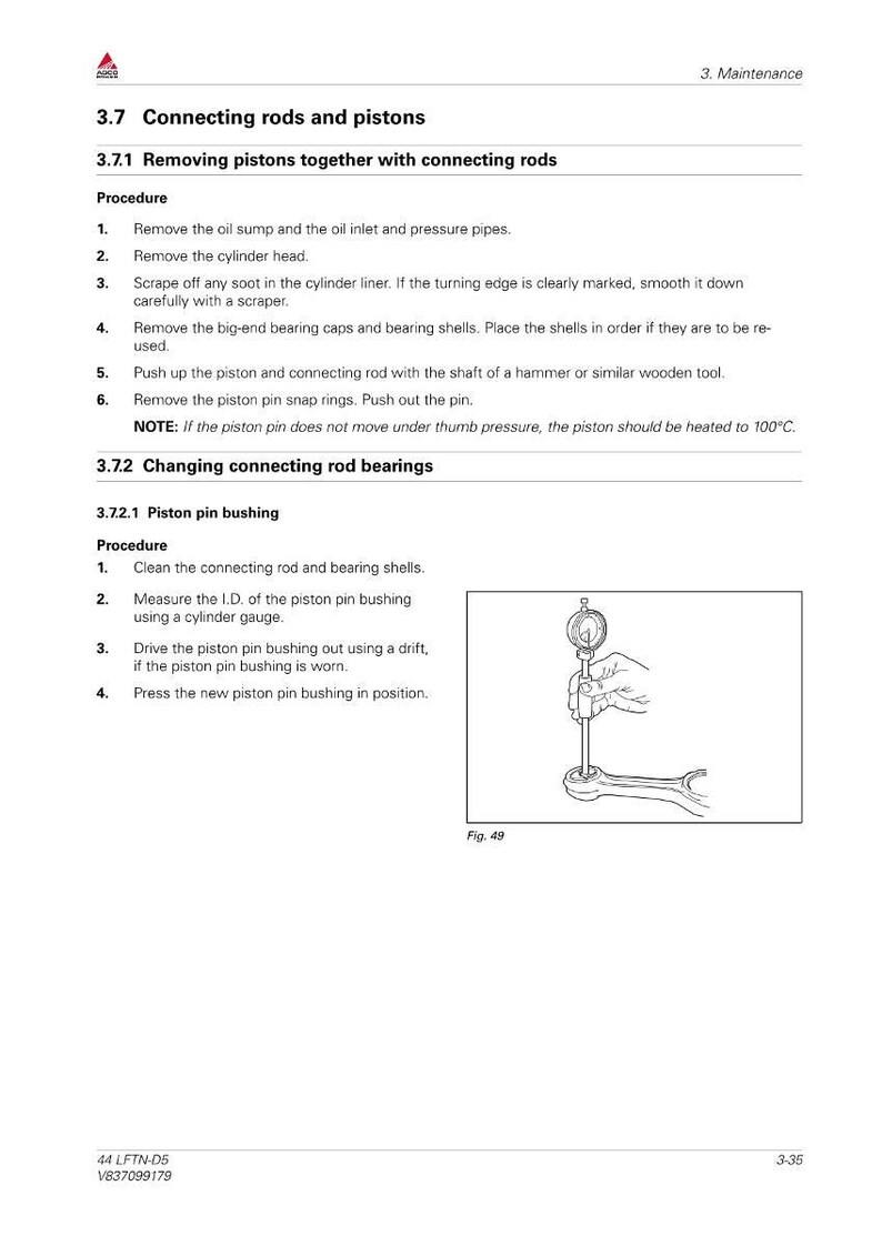 May include: Diagram from a maintenance manual showing the procedure for changing piston pin bushings. The image includes text instructions and a detailed illustration of the process, including the use of a cylinder gauge.