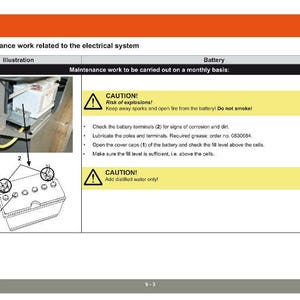 May include: Diagram of a car battery with maintenance instructions. The image includes a warning about explosions and the need to add distilled water. Text details monthly maintenance tasks for the electrical system.
