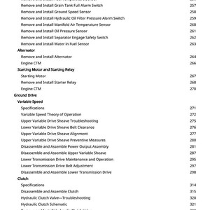 May include: A white page with a detailed table of contents for a technical manual. The text includes sections on engine sensors, alternators, starting motors, ground drive, variable speed, and clutch components.