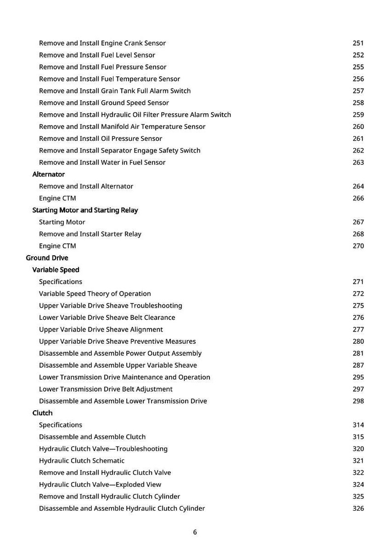 May include: A white page with a detailed table of contents for a technical manual. The text includes sections on engine sensors, alternators, starting motors, ground drive, variable speed, and clutch components.