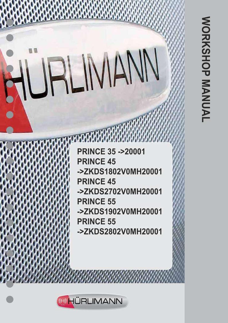 May include: A workshop manual with the H&uuml;rlimann logo and text. The manual includes model numbers for PRINCE 35, 45, and 55. The background is a silver metal mesh.
