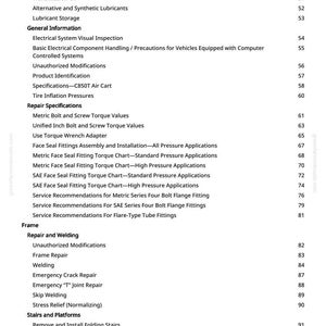K&ouml;nnte beinhalten: Eine Seite aus einem Handbuch mit Inhaltsverzeichnis. Der Text umfasst Abschnitte zu Schmierstoffen, allgemeinen Informationen, Reparaturspezifikationen und Rahmenreparatur. Seitenzahlen sind aufgef&uuml;hrt.