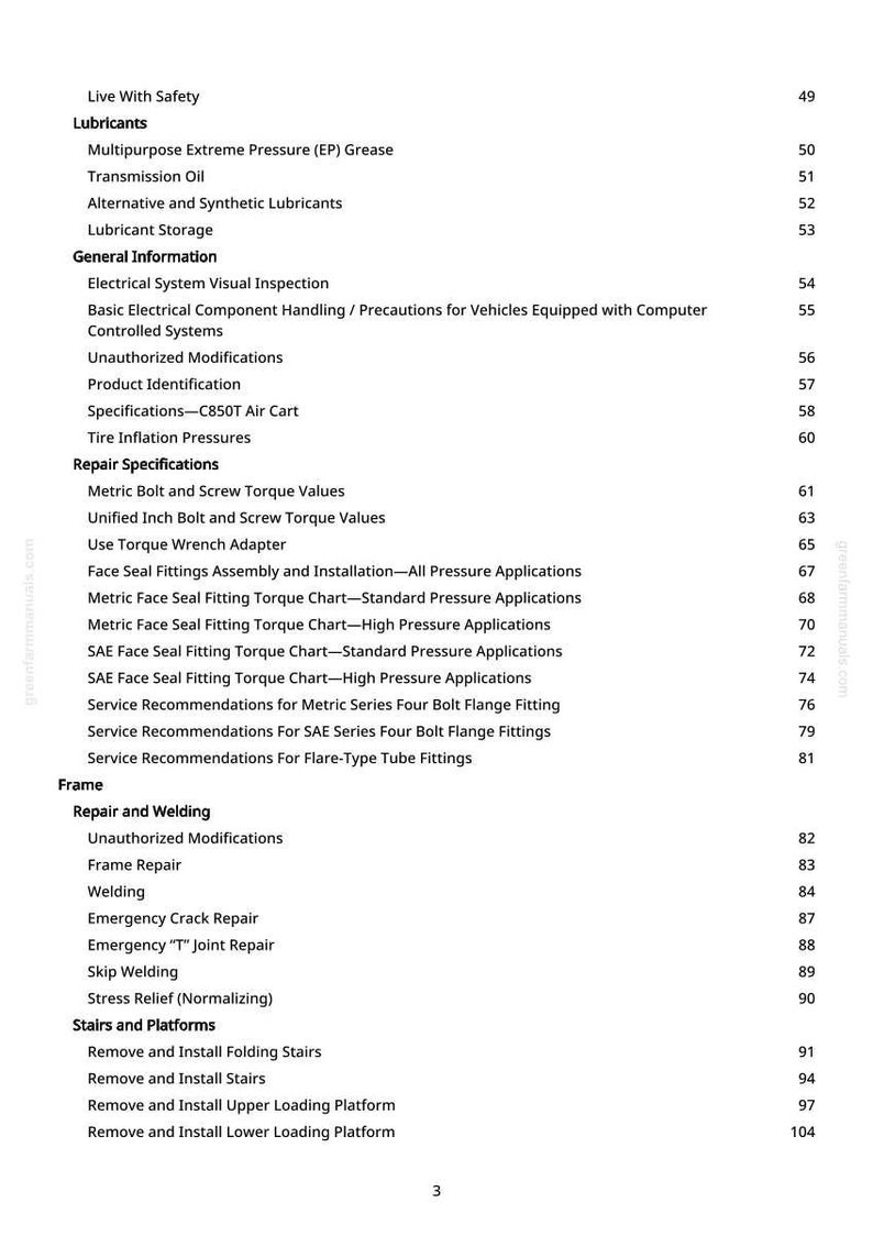 K&ouml;nnte beinhalten: Eine Seite aus einem Handbuch mit Inhaltsverzeichnis. Der Text umfasst Abschnitte zu Schmierstoffen, allgemeinen Informationen, Reparaturspezifikationen und Rahmenreparatur. Seitenzahlen sind aufgef&uuml;hrt.