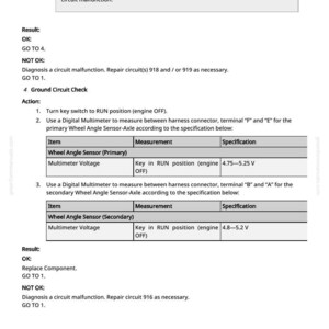May include: A diagnostic wiring diagram for a wheel angle sensor-axle. The document includes instructions for checking ground circuits and multimeter voltage readings. The text is in black on a white background.