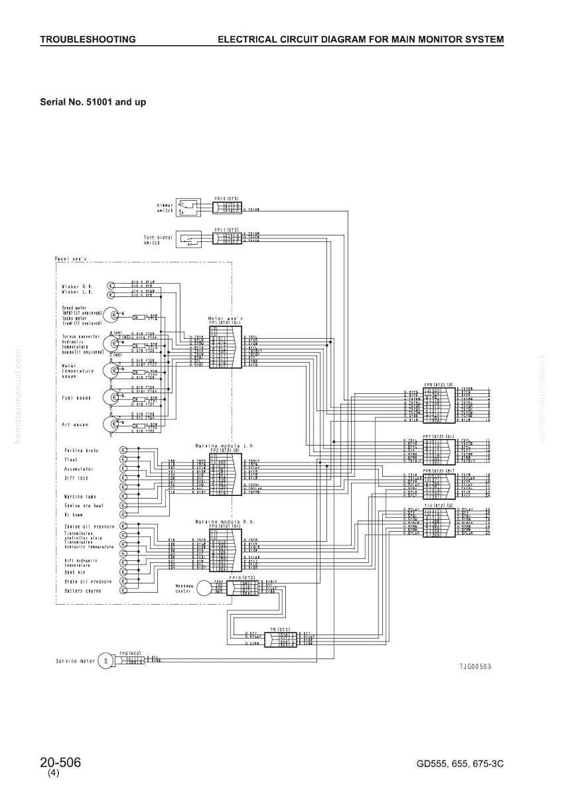 May include: An electrical circuit diagram for the main monitor system, with troubleshooting information. The diagram includes labels for the serial number, parking brake, and service meter. The diagram is labelled 20-506 (4) and GD555, 655, 675-3C.