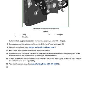 May include: Diagram of a mechanical component with labels E, F, and G. The image includes text: "MXT008096-UN: Lever Side Cable Ferrule" and instructions for installation and adjustment of the cable.