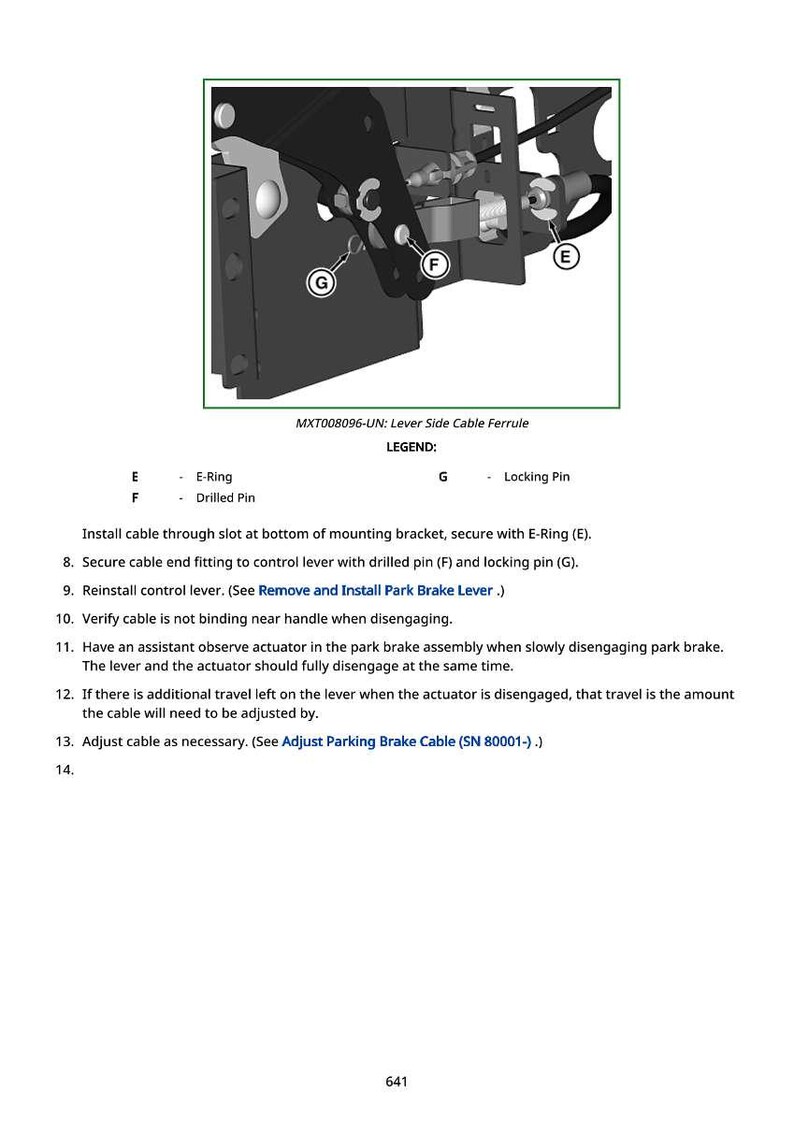 May include: Diagram of a mechanical component with labels E, F, and G. The image includes text: "MXT008096-UN: Lever Side Cable Ferrule" and instructions for installation and adjustment of the cable.