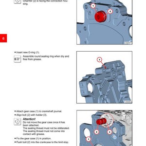 Pode incluir: Diagrama t&eacute;cnico de montagem da caixa de engrenagens, intitulado "Gearcase W 09-02-01". A imagem detalha as etapas de montagem, incluindo a pr&eacute;-montagem de parafusos, a inser&ccedil;&atilde;o de an&eacute;is de veda&ccedil;&atilde;o e a fixa&ccedil;&atilde;o da caixa de engrenagens ao virabrequim.